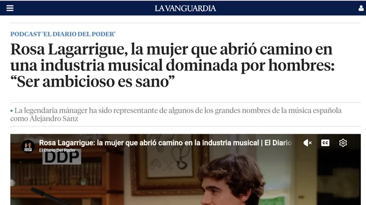 Portada de la pieza sobre Rosa Lagarrigue en La Vanguardia, bajo el epígrafe «Podcast El Diario del Poder»